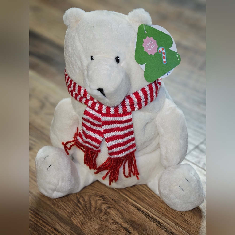 12” Polar Bear With Red White Stripes Scarf Stuffed Animal Plush Giggle Scape
